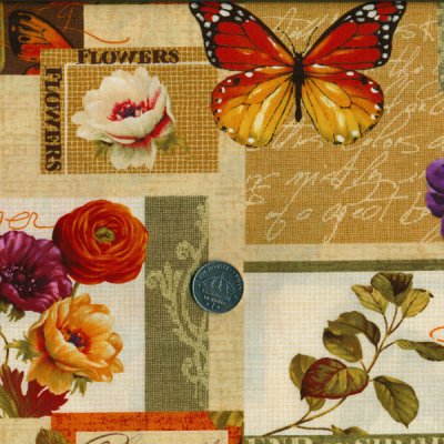 3634 Fjärilar och blommor, tygbredd 110 cm