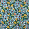 2218, turkosa tropiska blommor. Tygbredd 110 cm.