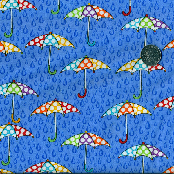 14234, prickiga paraplyer på blått, tygbredd 110 cm