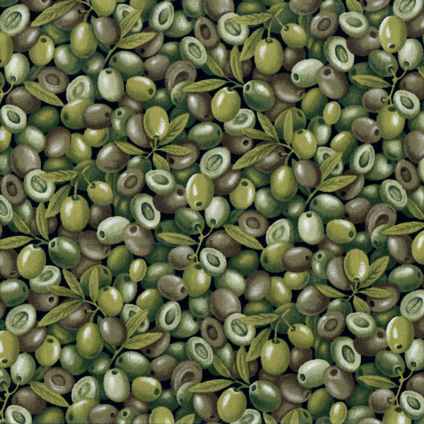 19248 Gröna oliver med blad, tygbredd 110 cm