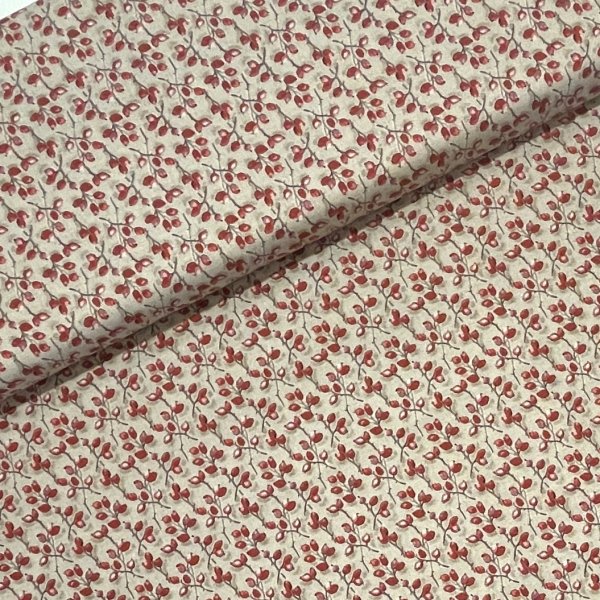 2021, nypon på kvist, beige bakgrund, tygbredd 110 cm, 100% bomull.