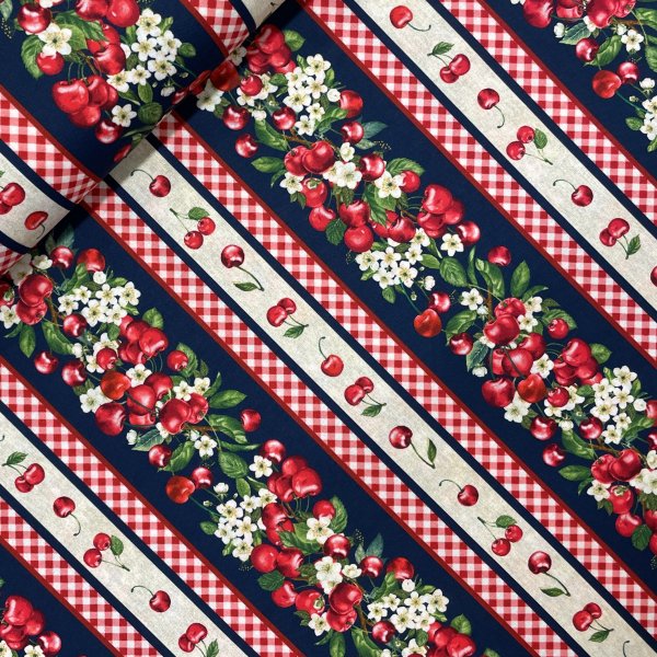19107, Körsbär i bård, tygbredd 110 cm, 100% bomull.