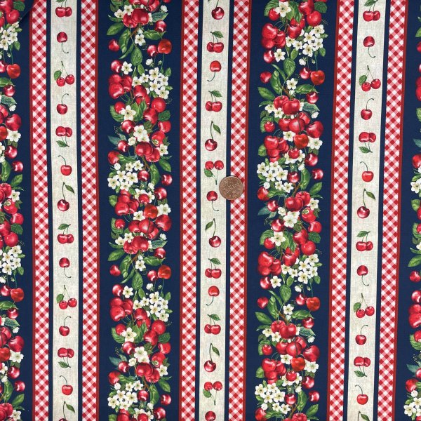 19107, Körsbär i bård, tygbredd 110 cm, 100% bomull.